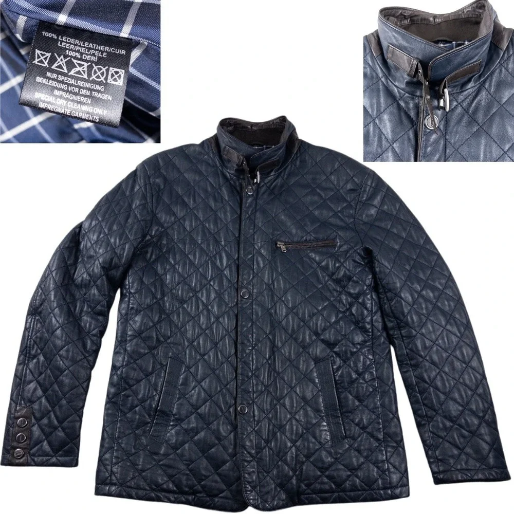 Henig Furs Quilted Leather Jacket Mens XXL Navy Blue Brown Germany Moto Preppy